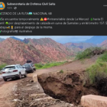 Ruta 68: Se registraron desmoronamientos tras fuertes lluvias en la zona de La Merced y en La Garganta del Diablo